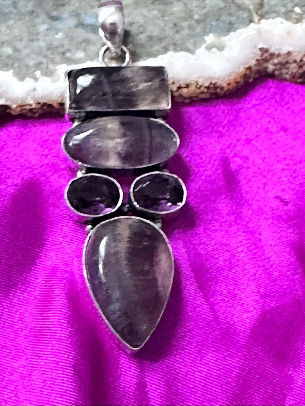 Artisan TRIPLE FLUORITE Gemstone Pendant with Purple Crystal Accents Multi stone
